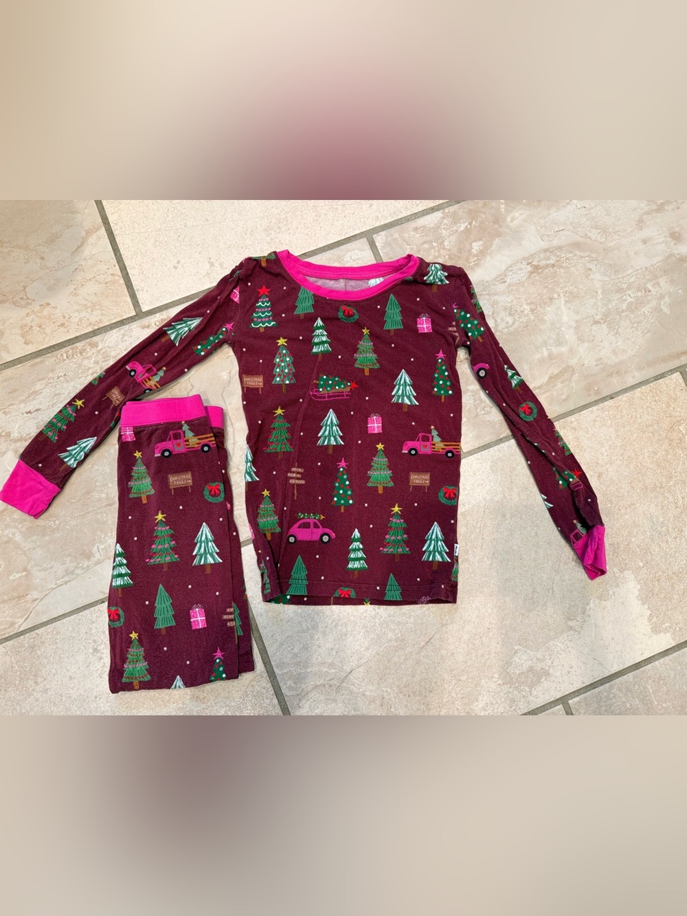 Little Sleepies Burgundy and Pink Christmas Tree Pajama Set
